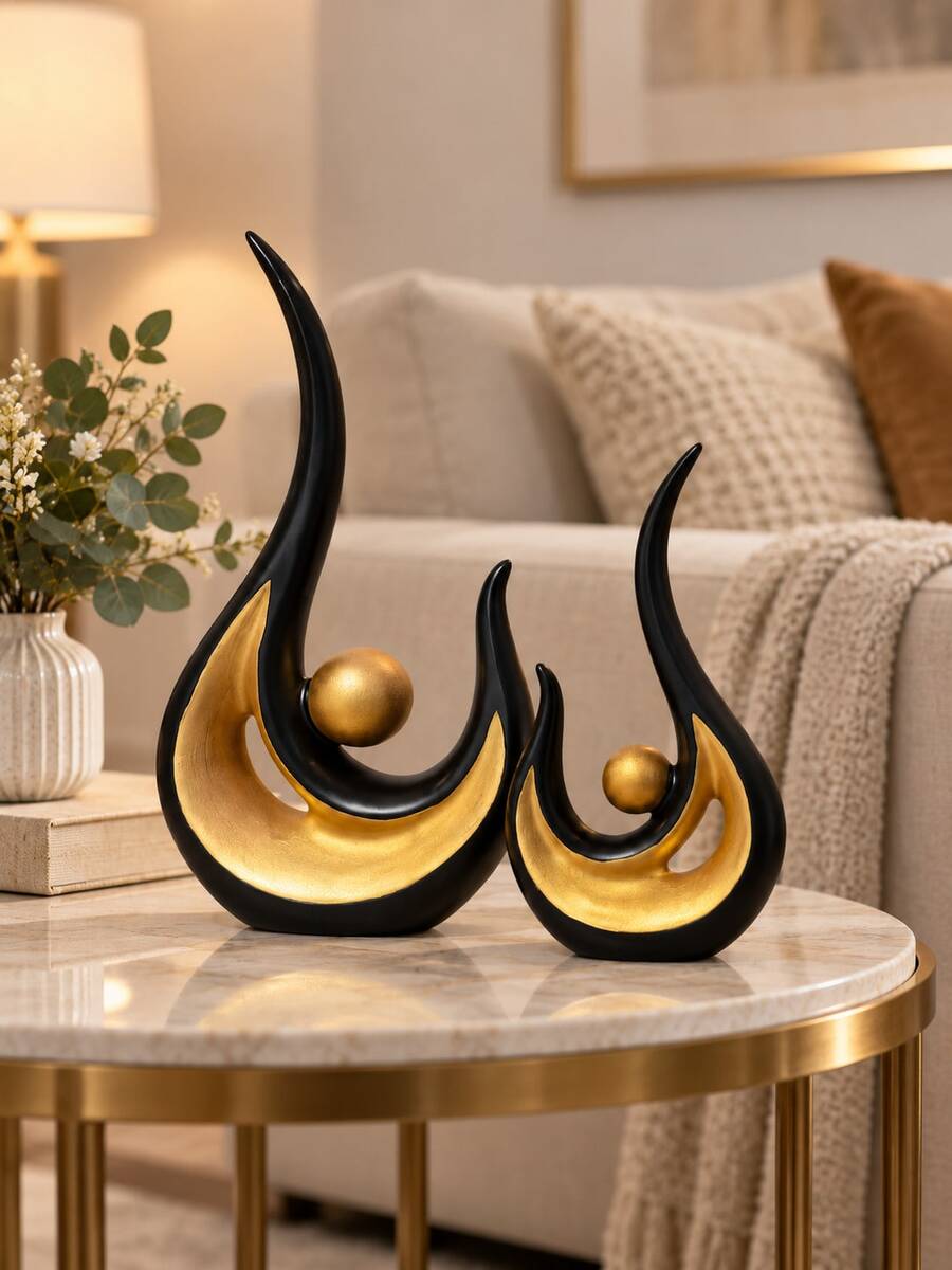 Modern Abstract Black & Gold Resin Sculpture (2pcs Set) - Creative Curved Art Decor For Living Room, Office And Home Cabinet Decoration