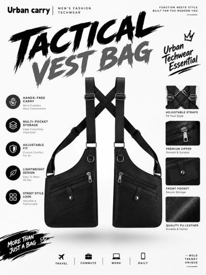 Tas Bahu Kulit - Dompet Anti-Pencurian Tersembunyi dengan Tali yang Dapat Diatur dan Dua Kantong, Cocok untuk Pria dan Wanita; Tas Selempang Gaya Lapis Baja, Cocok untuk Membawa Ponsel, Tas Dada Rompi PU Hitam/Hijau/Coklat, Ransel Rompi Pria Minimalis Modis yang Dipersonalisasi, Tas Pinggang Taktis Olahraga Luar Ruangan Jalanan, Ringan dan Portabel Unisex, Cocok untuk Bersepeda, Olahraga, Belanja, dll., Hadiah untuk Pria, Hadiah yang Dipersonalisasi, Hadiah Liburan, Hari Valentine, Natal