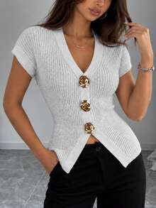 Apperloth A Elegant Ribbed Knit Sweaters Cardigan V Neck Asymmetrical Button Front Short Sleeve Fitted Crop Top For Women Fall Daily Fashion Thanksgiving Outfit - Silver White - View 4