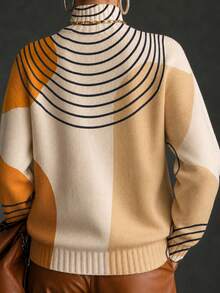 Women's Vintage Geometric Striped Turtleneck Knit Sweater, Soft Versatile Ruched Neck Base Layer, Niche Colorblock Curved Print, Slimming Long Sleeve Inner Top - Multicolor - View 4