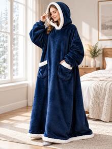 1pc Comfortable Oversized Hooded Shawl Blanket With Sleeves, Modern Style, Machine Washable, Unisex Fleece Flannel Robe, Warm And Cozy, Christmas Essential, Autumn/Winter Warmth Set - Multicolor - View 6