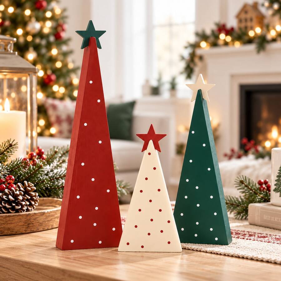Wooden Christmas Tree Tabletop Decor Set, Polka Dot Triangle Tree Figurines With Star Topper, Freestanding Rustic Wood Christmas Ornaments For Mantel Shelf Table Holiday Decoration - View 1