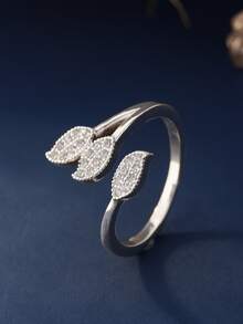 1pc Fashion Minimalist Leaf Design Cubic Zirconia Women's Ring, Silver Open Adjustable Ring, Suitable For Daily, Party, Evening Wear, Ramadan Giveaway - Leaf Ring - View 5