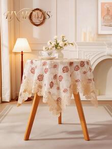 HXARTMIS 1pc French Vintage Rose Embroidered Lace Tablecloth, Hollow Lace Trim Square Dining Table Cover, Suitable For Dining Table, Coffee Table, Home Decor - Red - View 1