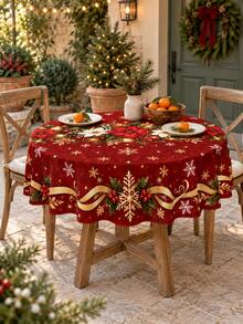 1pc Rectangular, Round, Oval Red & Gold Christmas Tablecloth, Red & White Poinsettia, Decorative Ball & Snowflake Print, Ribbon Border Design, Suitable For Dining Room, Kitchen & Holiday Party Decoration - A - View 16