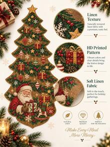 1pc-Vintage Christmas Tree Table Runner Holiday Decor, Unique Shaped Linen Table Runner With Santa Claus Gift Box Ornament Design, Rustic Farmhouse Xmas Dining Table Decoration For Kitchen Dining Room Party Home Holiday Decor - Multicolor - View 3