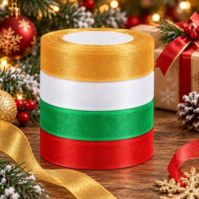 Fita de Malha de Neve Vermelha, Verde, Branca e Dourada de 20mm, Adequada para Decoração de Natal, Guirlanda de Natal, Árvore de Natal, Trenó, Lareira, Vitrine e Decoração de Meia de Natal