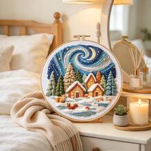 1pc Winter Night Snow Scene DIY Embroidery Kit With Hoop, Healing Starry Sky Cottage, Christmas Holiday Gift, Bedroom Home Decor Ornament - Multicolor - View 7