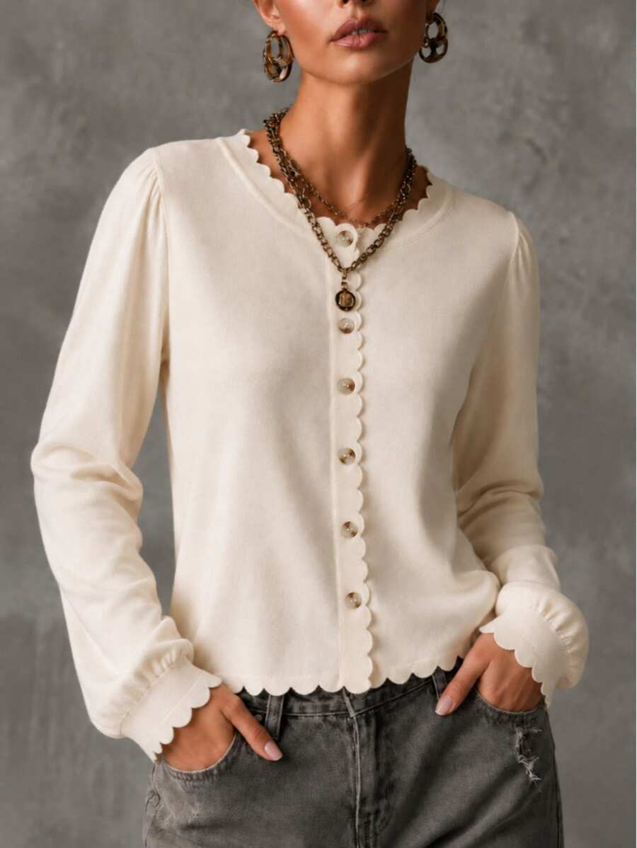 Women's Scallop Edge Button-Front Knit Cardigan Long Sleeve Basic Top, High Stretch Sweater For Fall And Winter - Apricot - View 1