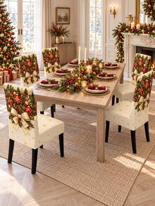 Christmas Chair Cover, Gold Bow And Christmas Ball Print Chair Back Cover, Luxury Holiday Dining Room Home Decor Chair Protector - Multicolor - View 5