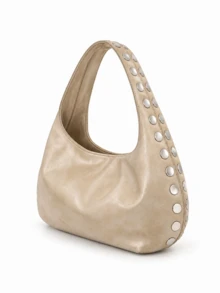 Women's Shoulder Bag With Rivets Crescent Handbag Wide Strap Underarm Bag, Oversized Soft PU Leather Shoulder Bag, Large Capacity Casual Riding Daily Handbag - Apricot - View 2