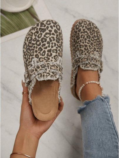 1pair Women Clogs Shoes Leopard Print Raw Edge Buckle Canvas Slip-On Casual Daily Retro,Fall Shoes For Woman,Boots For Women Fall,Zapatos