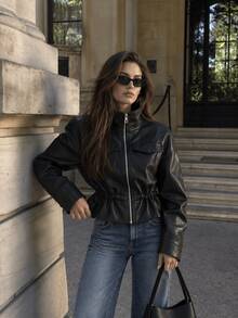GDDYIN Women's Fashion Black PU Leather Jacket, Funnel Neck Design, Adjustable Drawstring Waist, Suitable For Autumn Fashion - Black - View 3