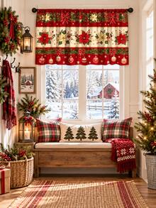 1pc Christmas Kitchen Curtain Set, Red Bow Decor Printed Window Valance Sink Curtain, Winter Holiday Kitchen Sink Window Decoration, Christmas Home Decor - Multicolor - View 3