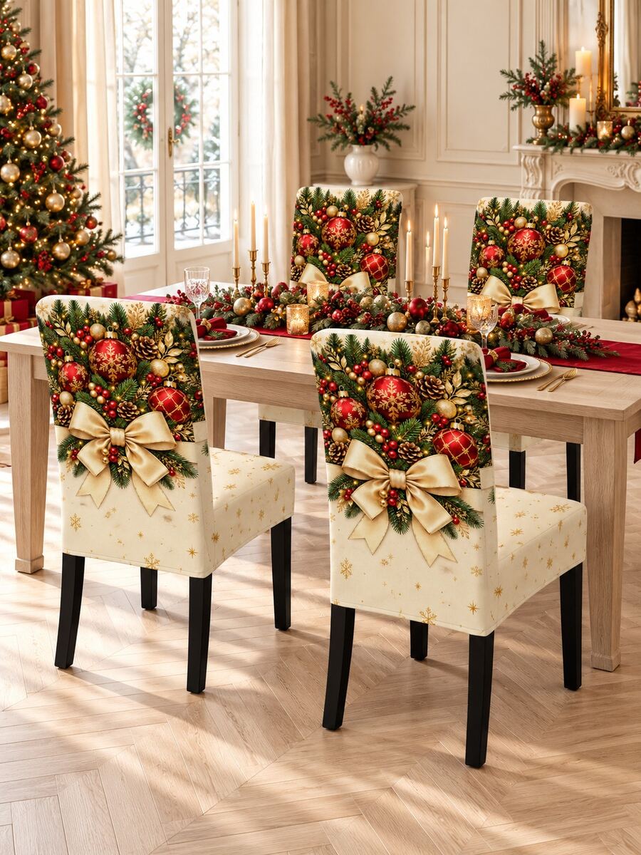 Christmas Chair Cover, Gold Bow And Christmas Ball Print Chair Back Cover, Luxury Holiday Dining Room Home Decor Chair Protector - Multicolor - View 1