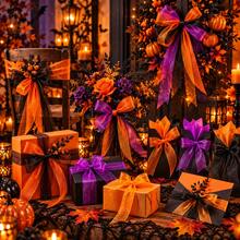 4 Rolls 200 Yards Halloween Organza Ribbon Set, Orange Purple Black 3-Color Semi-Sheer Tulle Ribbon, Bouquet Packaging Gift Box Tie, Door Decor Wreath Chair Back Table Party DIY Bow Decoration Ribbon - Orange Purple Black Chiffon Ribbon - View 3
