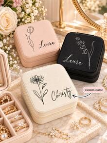 8pcs Customized Handwritten Name Line Daisy Rose Tulip Design Jewelry Box, Fashionable Women's Gift Artificial Leather Multi-Compartment Portable Earring Ring Storage Organizer With Zipper, Suitable For Travel, Camping, Holidays, Mother's Day Gift, Birthday Gift - Multicolor - View 2