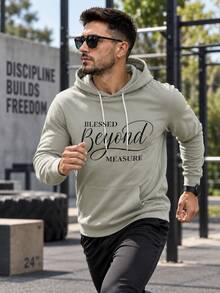 Men's Mint Green Blessed Letter Print Sweatshirt, Drawstring Kangaroo Pocket Casual Sports Pullover Sweatshirt - Multicolor - View 1