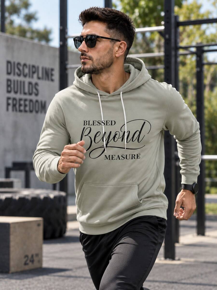 Men's Mint Green Blessed Letter Print Sweatshirt, Drawstring Kangaroo Pocket Casual Sports Pullover Sweatshirt - Multicolor - View 1