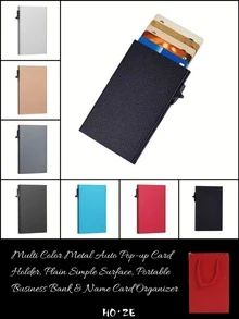 1Pc Black Metal Auto Pop-Up Men's Card Holder Wallet, Stretch Fabric Pocket, Portable Business Credit Card Organizer, Christmas Gift For Men - Black - View 9