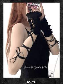3/2/1pc/Pair/Set Women's Cross Fishnet Fingerless Sleeves, Storage Gift Bag Accessories, Hollow Wrist Decor, Gothic Style Halloween Cosplay Accessories - Black - View 12