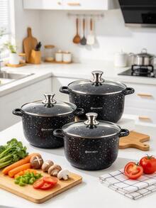 6Pcs Non-Stick Deep Stock Pot Set With Glass Lids, Black Speckled Marble Coating Cooking Pot, Double Handle Soup Stew Pot,Durable,Easy To Clean,Kitchen Cookware, Induction Compatible Cookware Set For Home Kitchen, Gas & Electric Stove - View 3