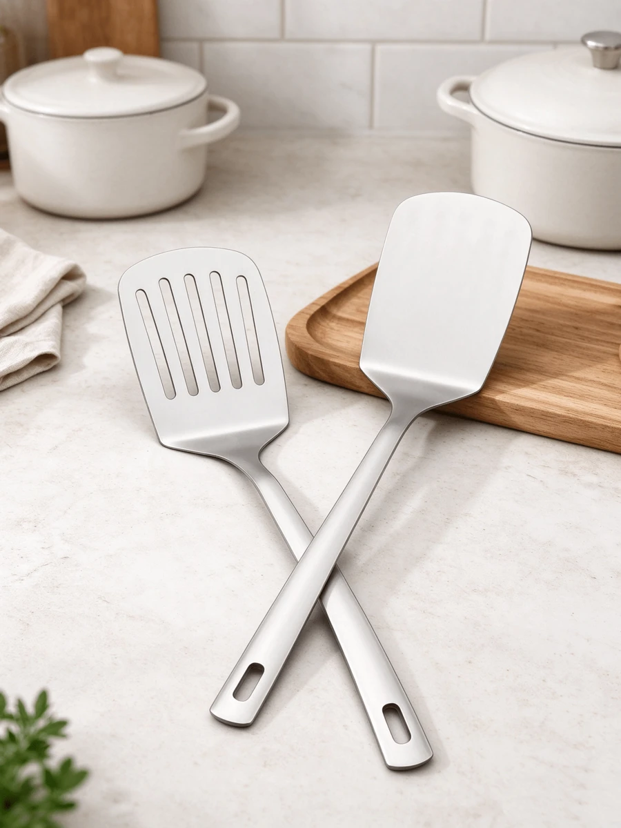 Silver Stainless Steel Wok Spatula 2-Piece Set, One-Piece Wok Spatula 34.5 * 7.5 Cm, Dishwasher Kitchenware, Suitable For Non-Stick Pans - Silver - View 1