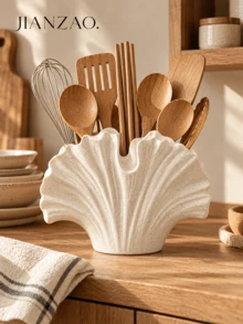 1pc Wabi-Sabi Style Ginkgo Leaf Tableware Storage Rack, Black Spotted White Multi-Compartment Utensil Holder, Large Capacity Chopsticks Spoon Fork Storage Bucket, Rustic Farmhouse Kitchen Countertop Decor Gift - Ins-style Tableware Organizer - View 5