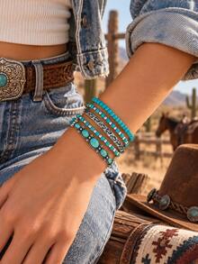 5pcs/Set Bohemian Style Turquoise Beaded Bracelets, Silver Elastic Stretch Bracelets, Vintage Jewelry For Women, Daily Wear, Party, Vacation Gift - 5-piece Set - View 5