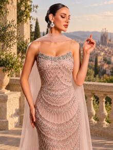 Elegant Women's Mermaid Long Chiffon Scarf Dress, Rhinestone & Sequin Embellished Backless Tie Design, Pink For Autumn Wedding Party - Pink - View 3