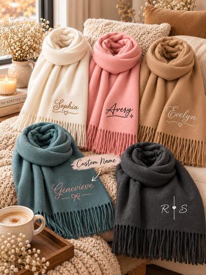 1 pieza Bufanda personalizada con nombre, Chal personalizado para mujer, Chal con nombre impreso, Bufanda de cachemira con combinación de letras, Bufanda exquisita, Bufanda con texto escrito a mano, Chal de cachemira impreso, Texto personalizado, Regalo personalizado, Chal suave y cómodo, Bufanda extragrande, Chal y bufanda para vestido de noche