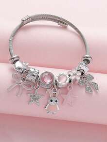 1pc Silver Adjustable Pendant Bracelet With Pink Crystal, Rabbit, Bow And Star Charms, Cute Daily Jewelry Gift For Women - Multicolor - View 3