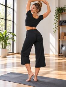Women's High Waist Yoga Pants, 7/8 Length Wide Leg Leggings, Pilates Pants, Fitness Workout Pants, Casual Home Sports Wear - Black - View 5