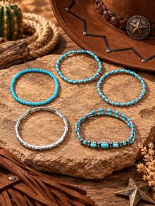 5pcs/Set Bohemian Style Turquoise Beaded Bracelets, Silver Elastic Stretch Bracelets, Vintage Jewelry For Women, Daily Wear, Party, Vacation Gift - 5-piece Set - View 4