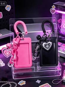 Cute Heart Shaped ID Card Holder With Detachable Slide Cover Clear ID Windo,Retractable Coil Spring Lanyard, For Student ID, Meal Card, Work Pass - Multicolor - View 3