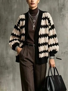 Women's Chunky Knit Cardigan, Open Front Loose Lantern Long Sleeve, Contrast Color Wavy Jagged Stripe Pattern, Autumn/Winter Casual Streetwear Outerwear - Multicolor - View 4