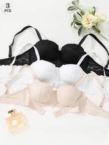 3pcs/Set Women's Full Floral Lace Balconette Underwire Bra, Wavy Scalloped Edge Adjustable Spaghetti Strap Bra - Multicolor - View 1