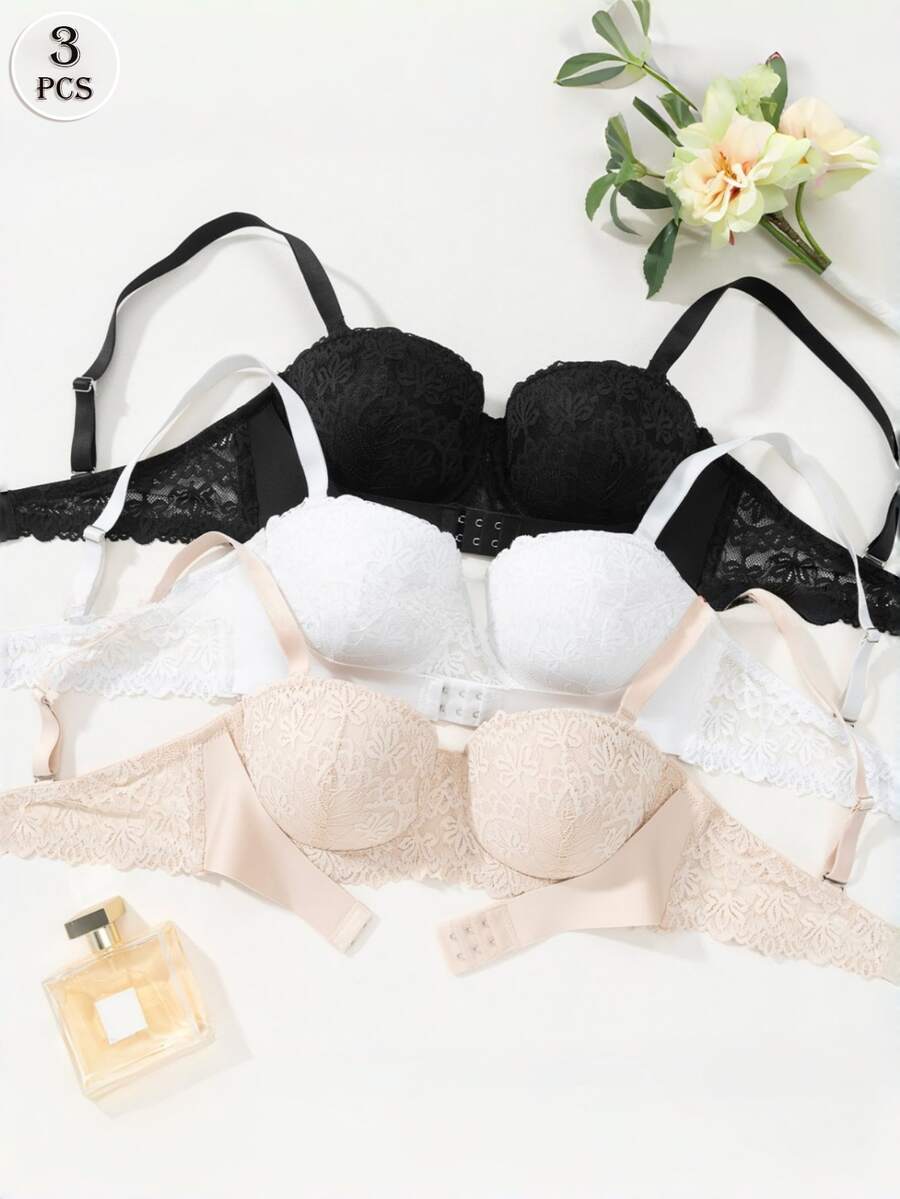 3pcs/Set Women's Full Floral Lace Balconette Underwire Bra, Wavy Scalloped Edge Adjustable Spaghetti Strap Bra - Multicolor - View 1
