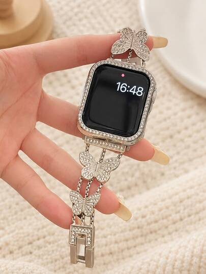 1pc Women's Starlight Butterfly Buckle Stainless Steel Watch Band, Compatible With Apple Watch 38/40/41/42/44/45/46/49mm, Compatible With Apple Watch Series 12 11 10 9 8 7 6 5 SE3 Ultra 4 3 2 1; Suitable For Weddings, Parties And Evening Dress Matching, Ideal Gift For Birthdays, Christmas. (Band Only)