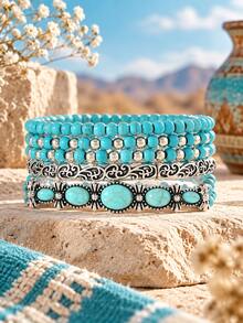 5pcs/Set Bohemian Style Turquoise Beaded Bracelets, Silver Elastic Stretch Bracelets, Vintage Jewelry For Women, Daily Wear, Party, Vacation Gift - 5-piece Set - View 3