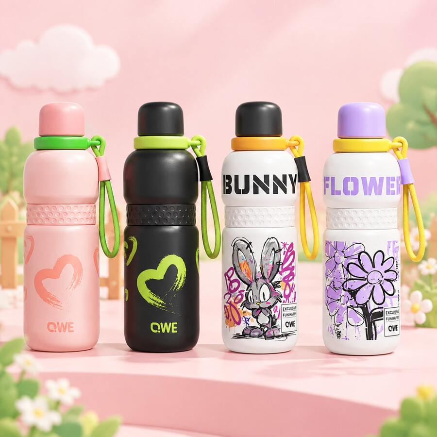 QWE Portable Insulated Water Bottle 600ML 316 Stainless Steel Inner Liner PP Lid With Lanyard Stylish Insulated Cup For Students Sports Outdoor Use - Black and White - View 1