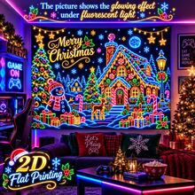 2D Flat Pattern, 1pc, Neon Color Gingerbread House Christmas Tapestry With Neon Lines And "Merry Christmas" Text Design, Glows Under Fluorescent Light, Suitable For Wall Decor, Backdrop Or Party Decoration - Multicolor - View 1