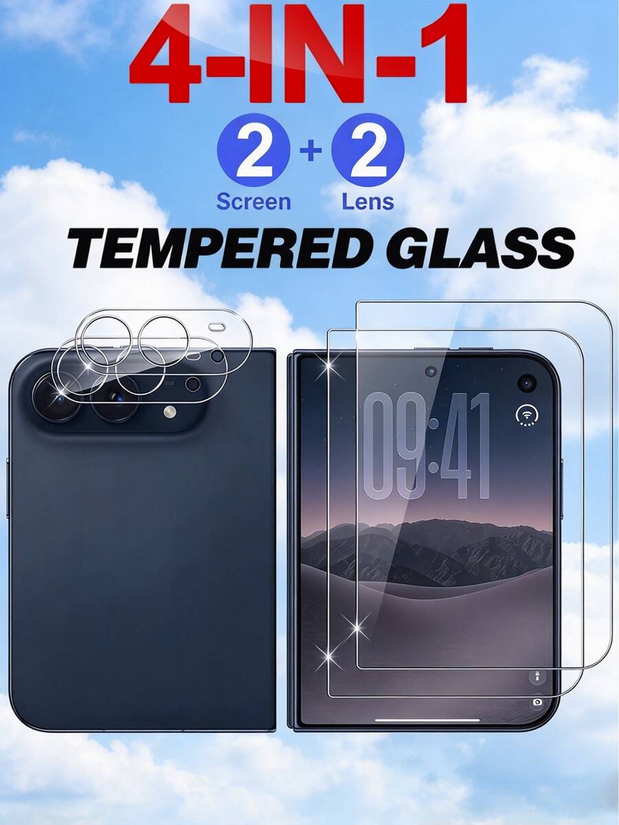 4-In-1 (2+2 Sets) Phone Tempered Glass, 2pcs Screen Protector + 2pcs Camera Lens Protector, High Definition Transparent Anti-Scratch Screen Film, Compatible With IPhone Duo 18Promax 17Promax 18pro 17pro
