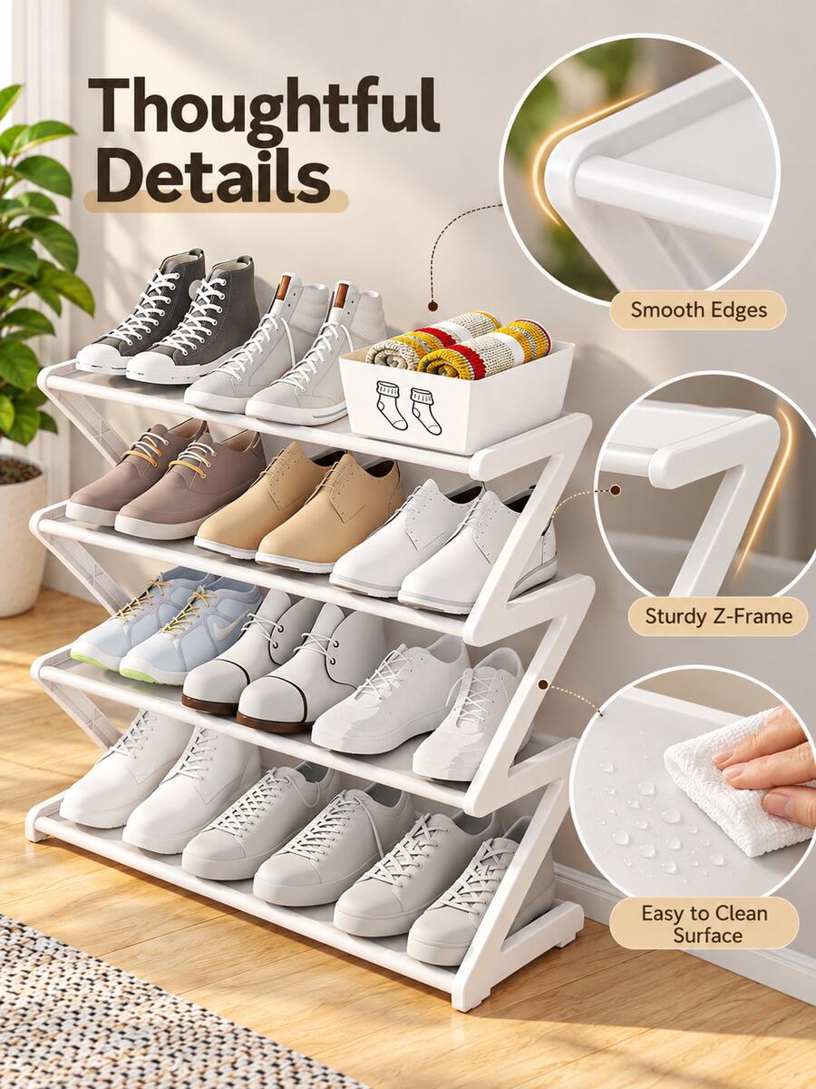 4-Tier Z-Shaped Shoe Rack, Space-Saving Storage Organizer For Entryway, Bedroom And Closet, Holds Up To 8-12 Pairs Of Shoes - Multicolor - View 1