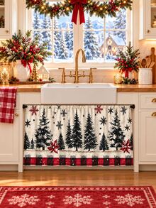 1pc Vintage Country Christmas Kitchen Curtain Set, Distressed Snowy Pine Tree & Poinsettia Snowflake Print Window Valance And Sink Curtain, Winter Kitchen Window Decor - Multicolor - View 7