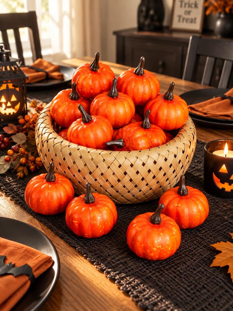 12pcs Orange Mini Pumpkin Decor, Autumn Pumpkin Decoration, Artificial Small Pumpkin Set, Thanksgiving Pumpkin Props, Harvest Season Tabletop Display, Pumpkin Table Centerpiece Decor, Autumn Home Decor, Halloween Autumn Decoration