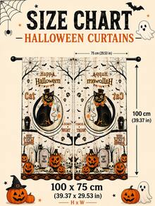 2pcs Vintage Halloween Curtains, Black Cat Moon Pumpkin Cemetery Skull Bat Print Curtain Fabric, Suitable For Living Room Bedroom Haunted House Party Decoration - F - View 13