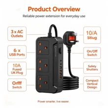 1pc UK Plug Power Strip, 3 British Standard Outlets, 1.8m Extension Cord, DesktopMulti Socket For Office Desk, Study Room & Home Workstation - UK Plug(220-240V) - View 10
