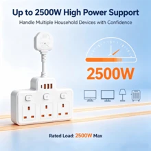 Wall-Mounted UK Plug Extension Socket, 3-Way UK 3-Pin Outlets With Independent Switches, USB Charging Ports, Wall-Mounted Power Adapter, Suitable For Desktop, Home And Office Power Expansion - UK Plug(220-240V) - View 8