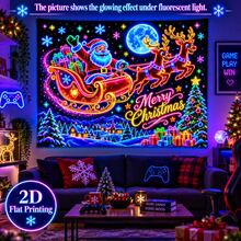 2D Flat Pattern, 1pc, Christmas Sleigh Tapestry, Neon Santa Claus And Reindeer Sleigh Design, Glows Under Fluorescent Light, Suitable For Wall Decor, Backdrop Or Party Decoration - Multicolor - View 14